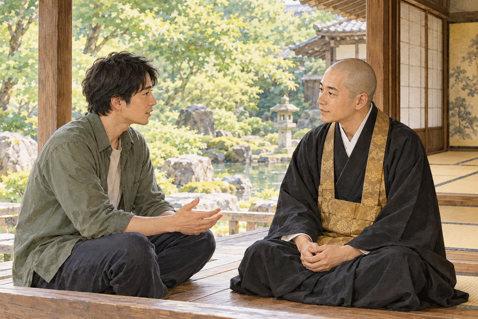 日本のお寺の縁側で僧侶に職場と家での悩みを話す男性