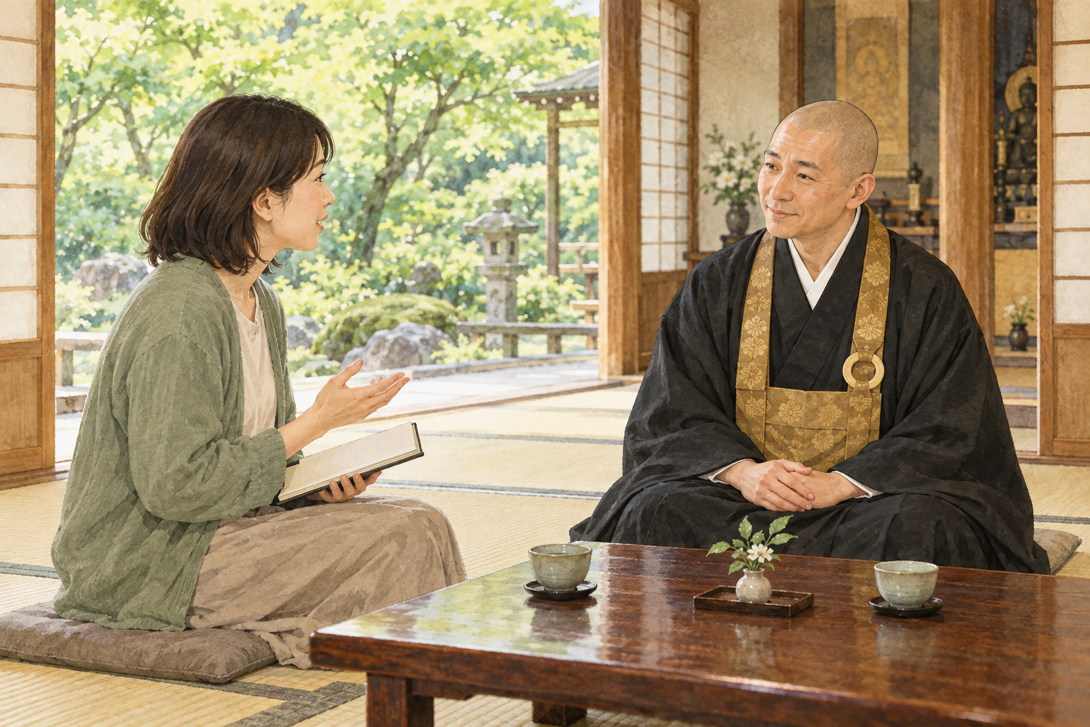 ノートを持ち、日本のお坊さんに仕事の悩みを話す女性