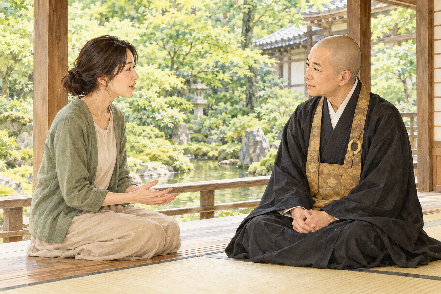 お寺の縁側で、働き方の迷いを日本のお坊さんに相談する女性